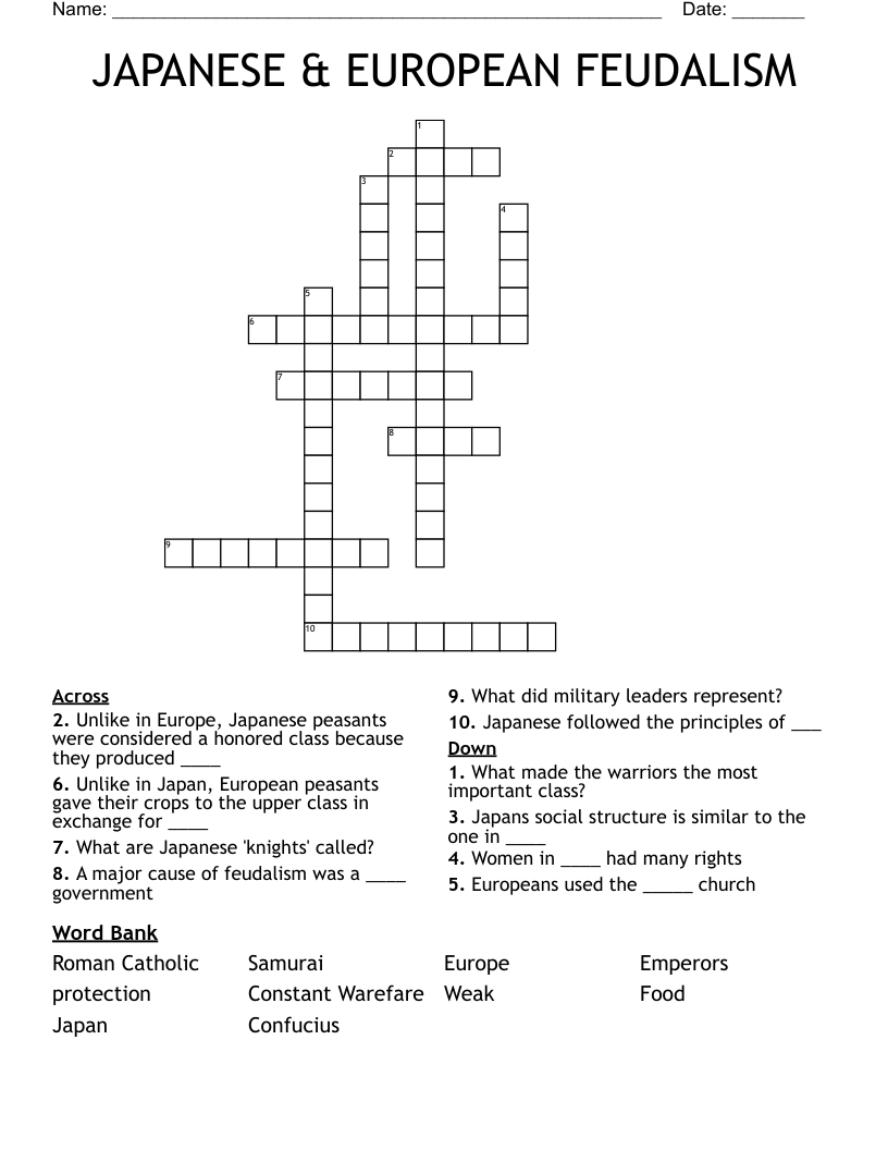 JAPANESE & EUROPEAN FEUDALISM Crossword