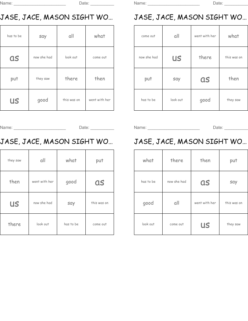 JASE, JACE, MASON SIGHT WORDS Bingo Cards