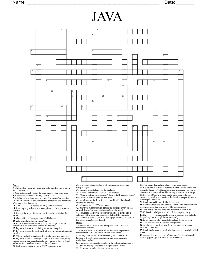JAVA Crossword