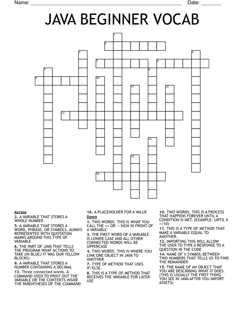 JAVA BEGINNER VOCAB Crossword