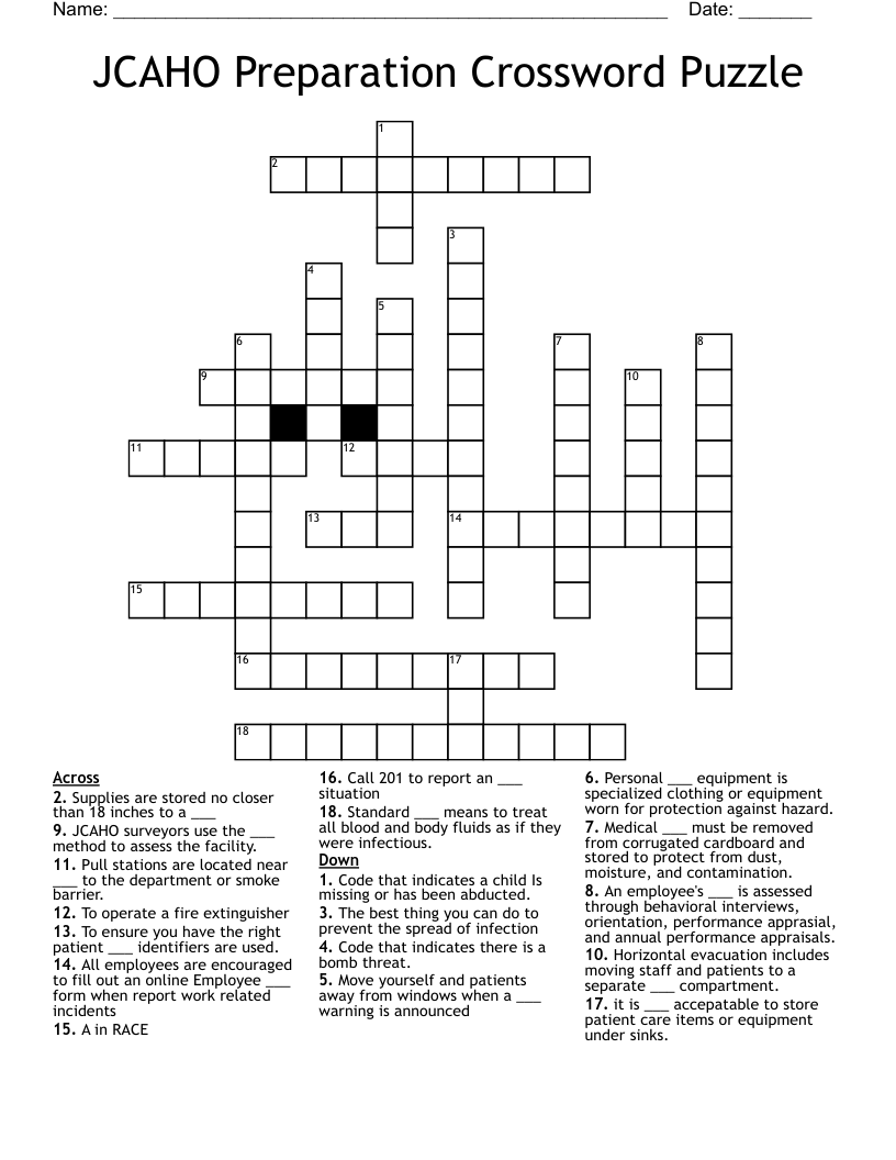 JCAHO Preparation Crossword Puzzle