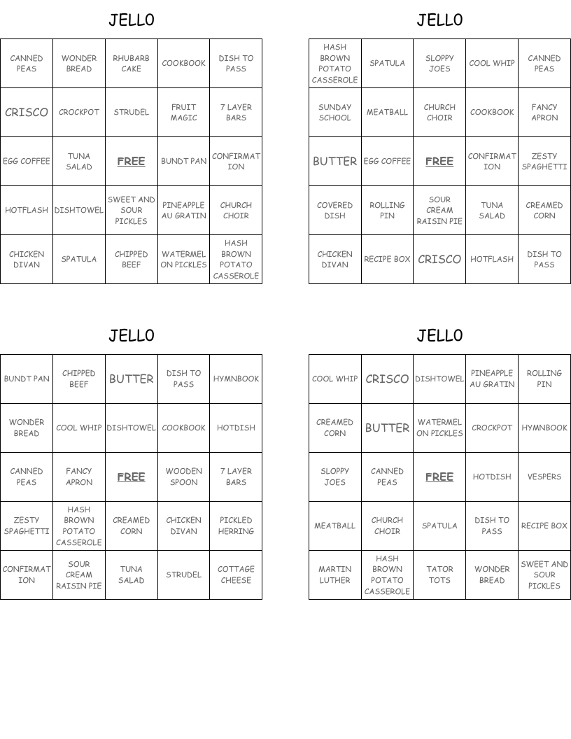 JELL0 Bingo Cards