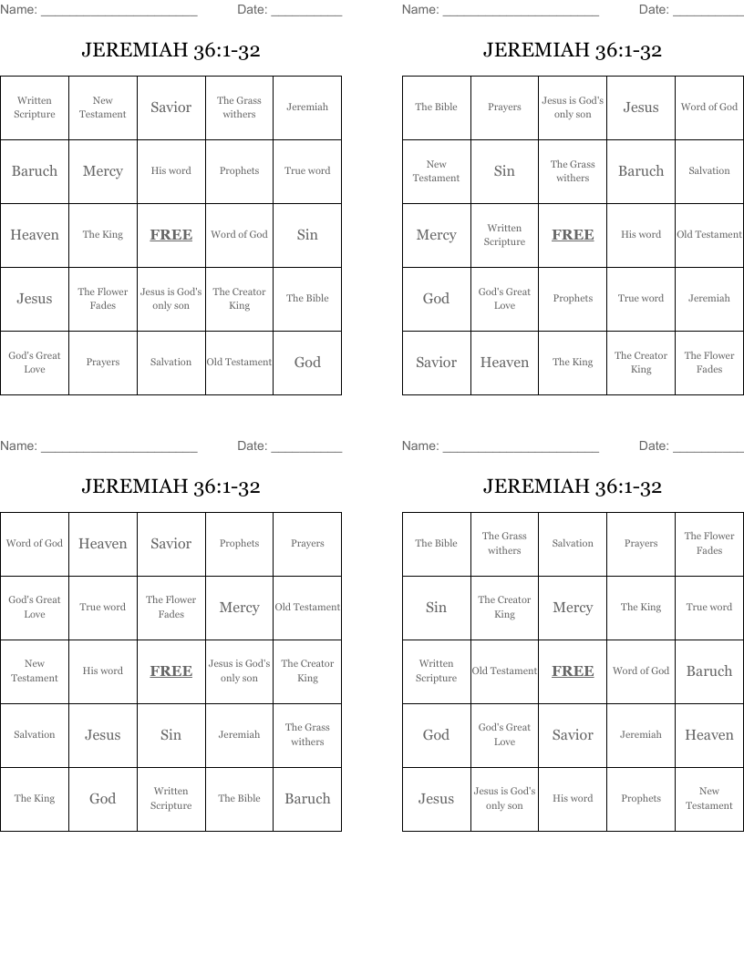 JEREMIAH 36:1-32 Bingo Cards