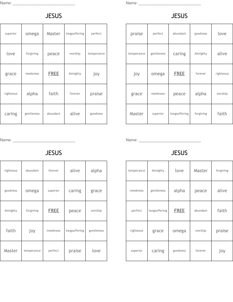 JESUS Bingo Cards