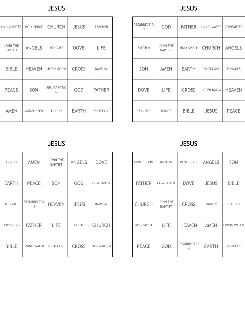 JESUS Bingo Cards