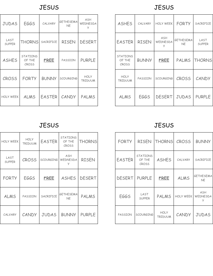 JESUS Bingo Cards