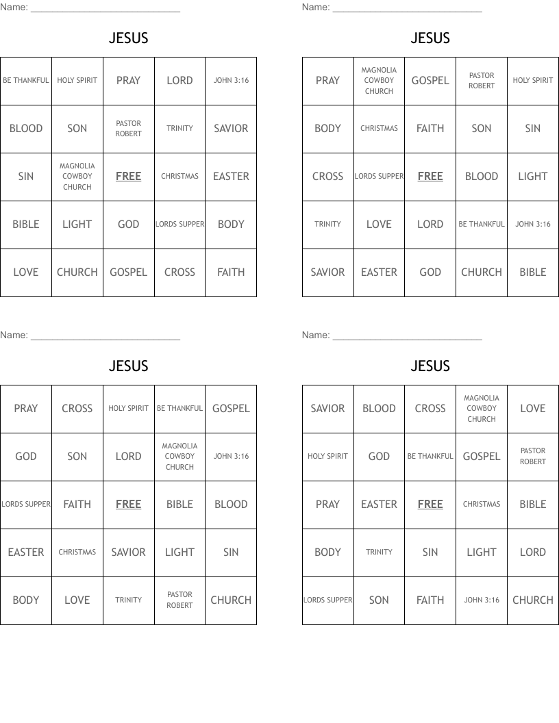 JESUS Bingo Cards