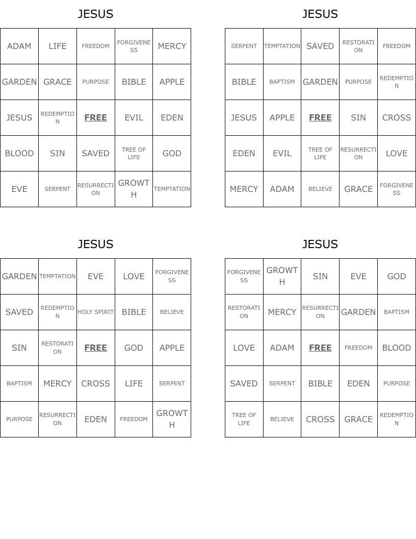 JESUS Bingo Cards