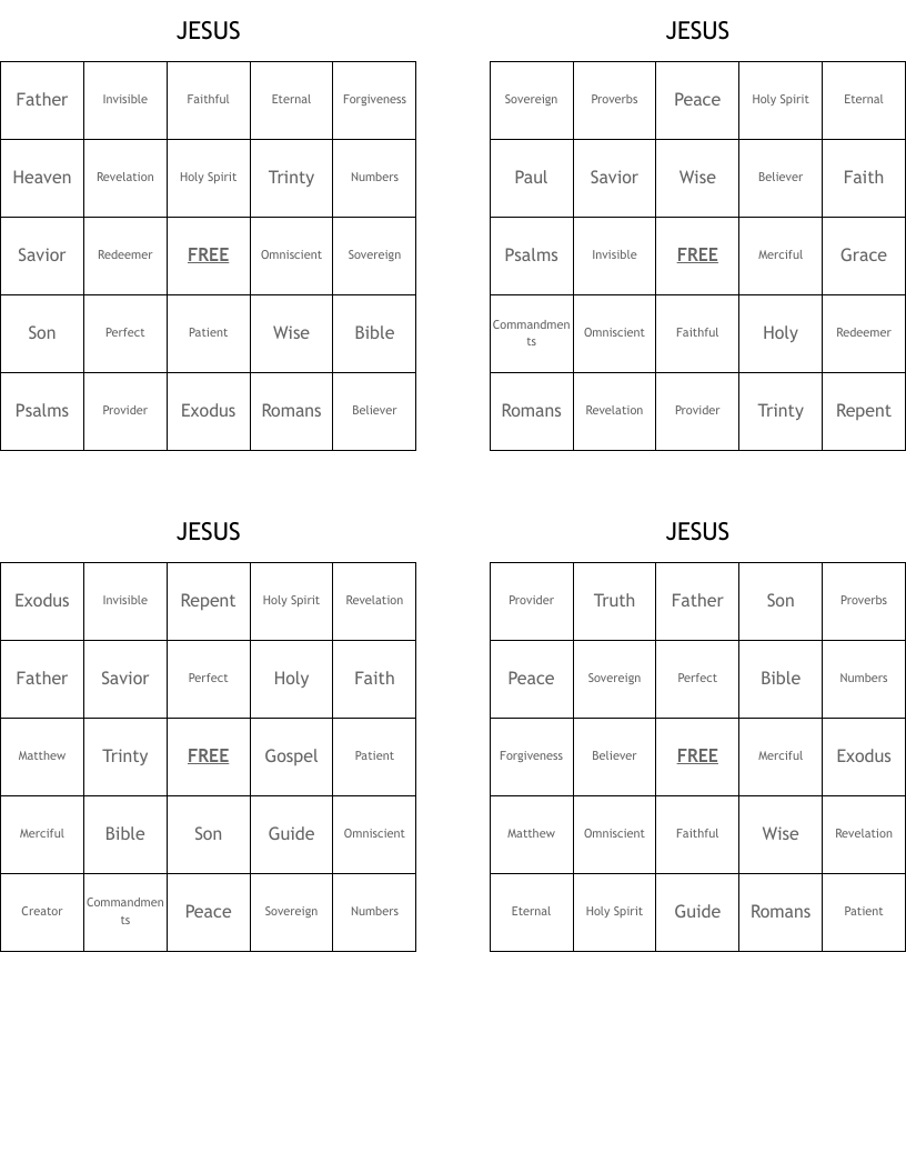 JESUS Bingo Cards