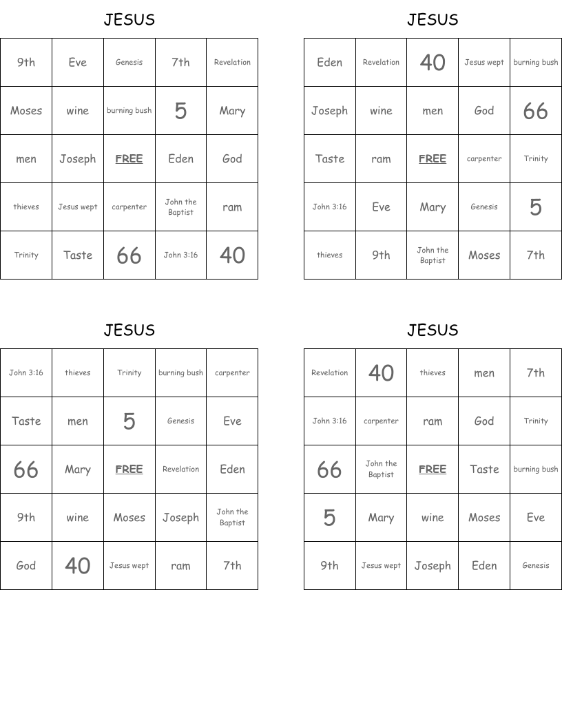 JESUS Bingo Cards