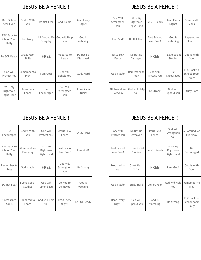 JESUS BE A FENCE ! Bingo Cards