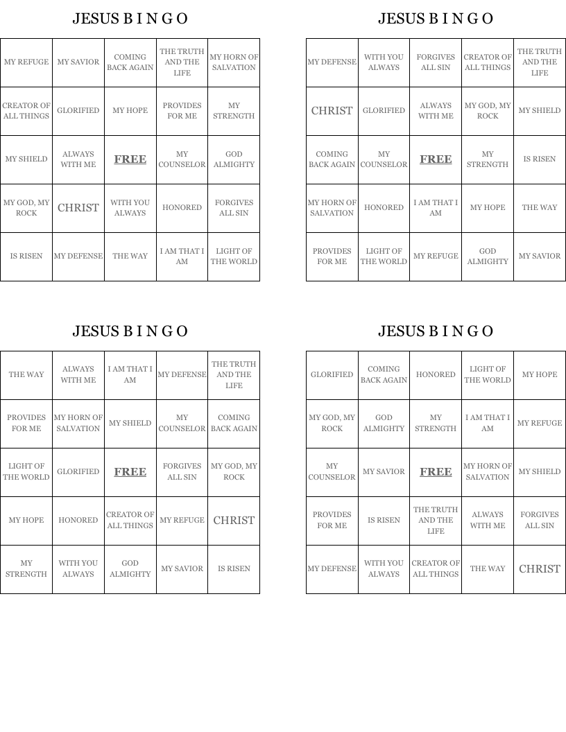 JESUS B I N G O Bingo Cards