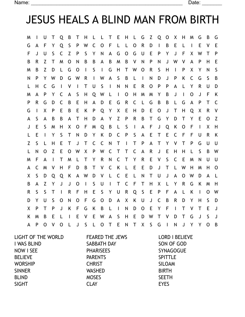 JESUS HEALS A BLIND MAN FROM BIRTH Word Search