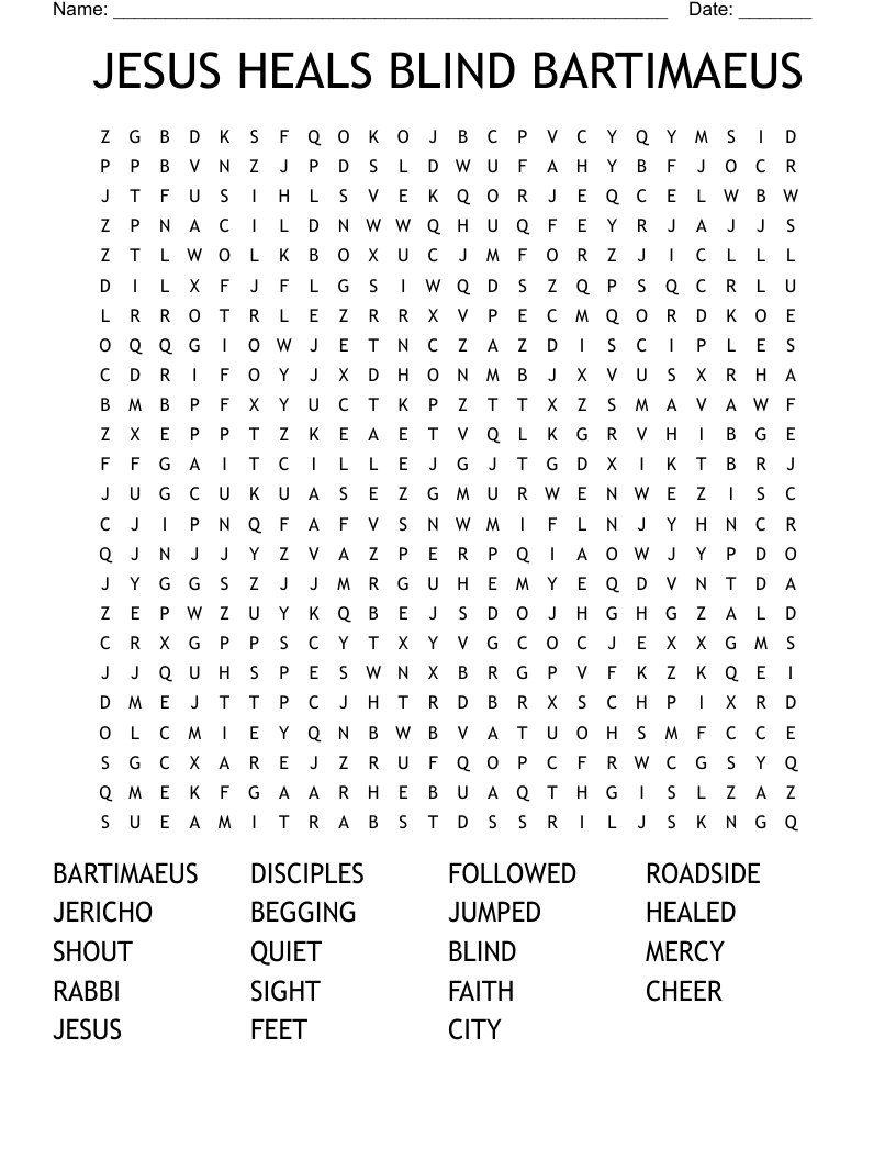 JESUS HEALS BLIND BARTIMAEUS Word Search