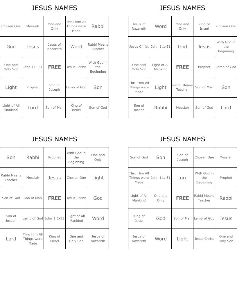 JESUS NAMES Bingo Cards