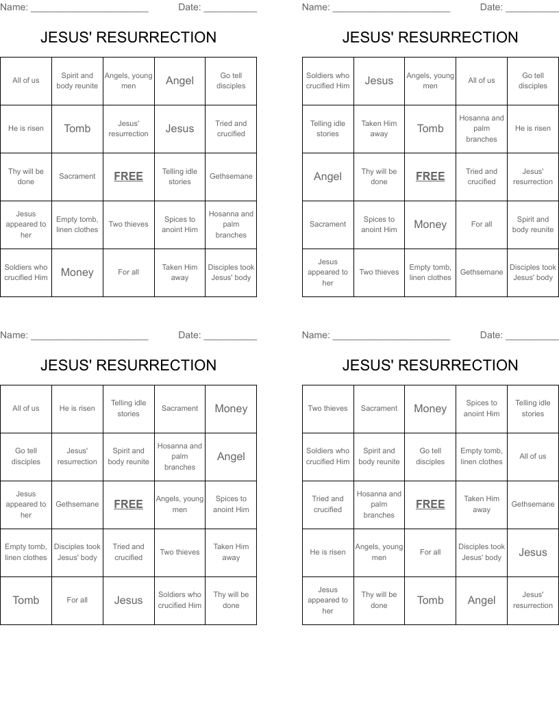 JESUS' RESURRECTION Bingo Cards