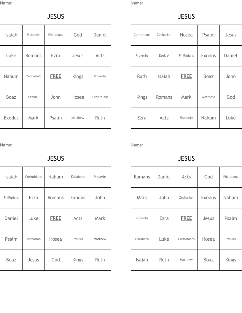JESUS  Bingo Cards