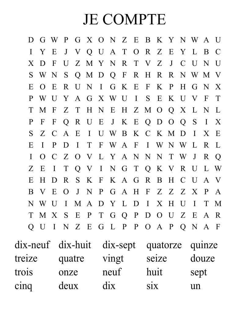 JE COMPTE  Word Search