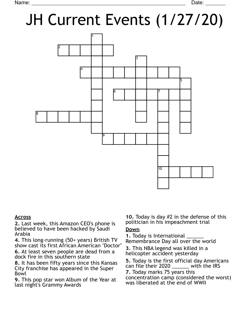 JH Current Events (1/27/20) Crossword