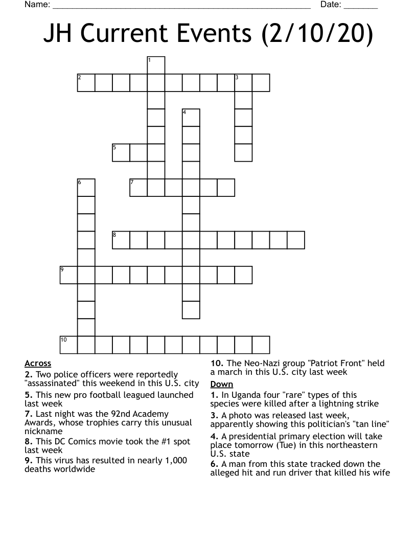 JH Current Events (2/10/20) Crossword