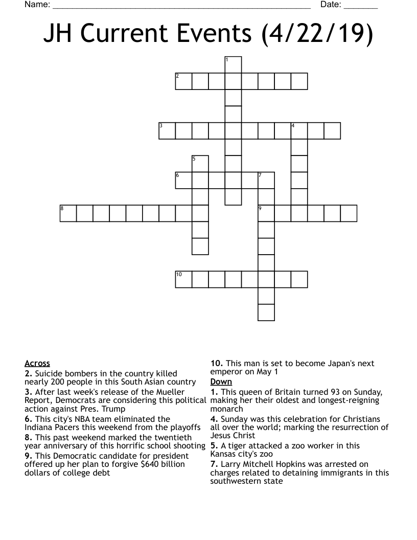 JH Current Events (4/22/19) Crossword