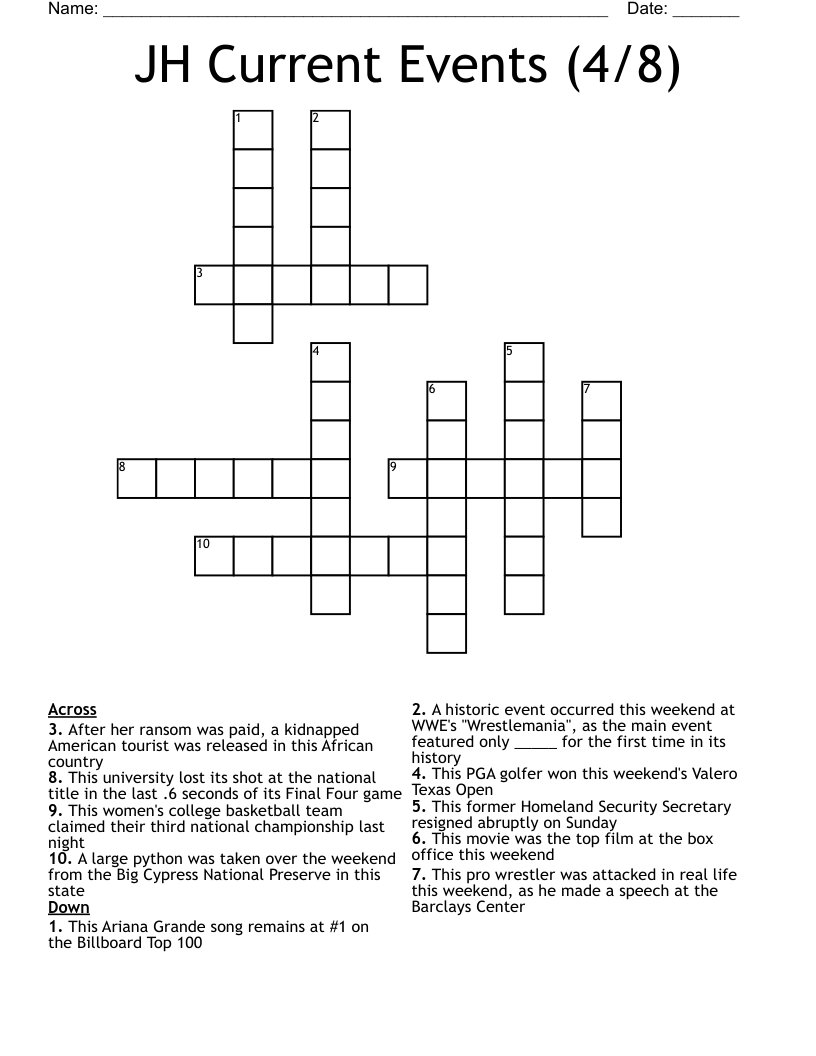 JH Current Events (4/8) Crossword