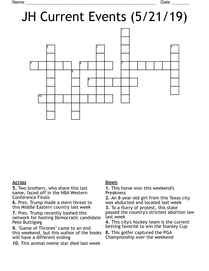 JH Current Events (5/21/19) Crossword