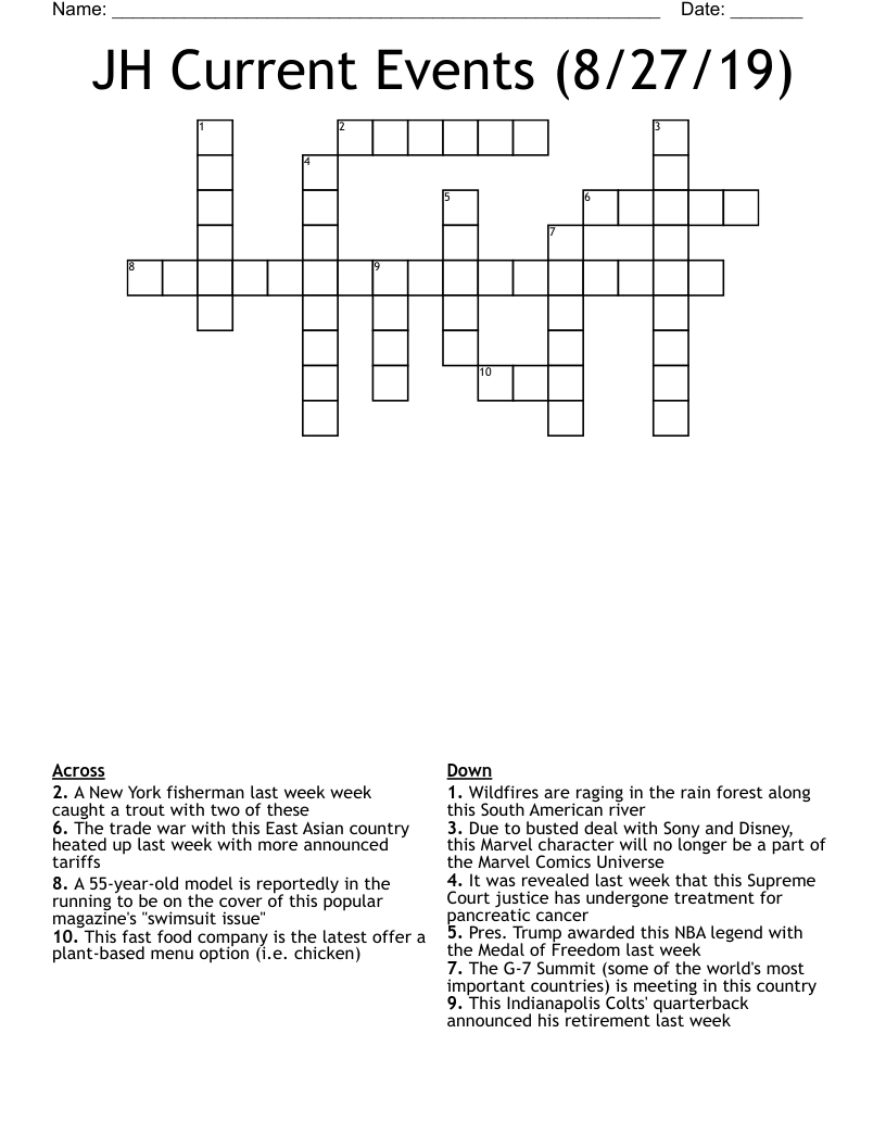 JH Current Events (8/27/19) Crossword