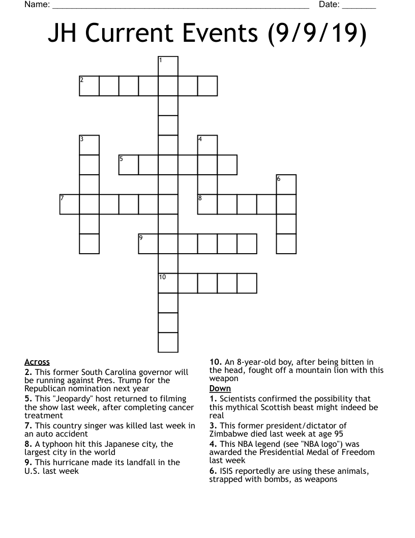 JH Current Events (9/9/19) Crossword
