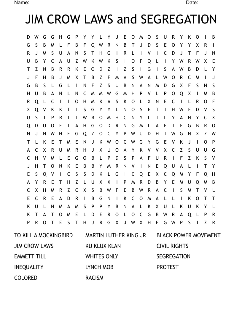 JIM CROW LAWS and SEGREGATION Word Search