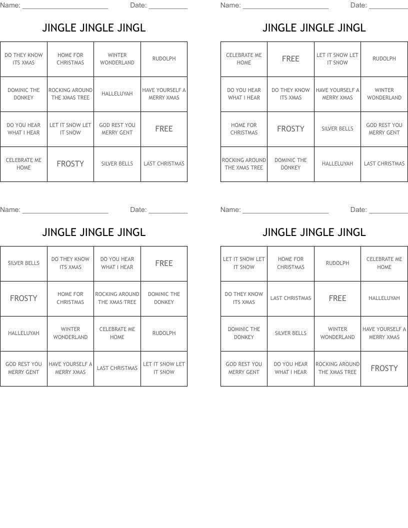 JINGLE JINGLE JINGL Bingo Cards