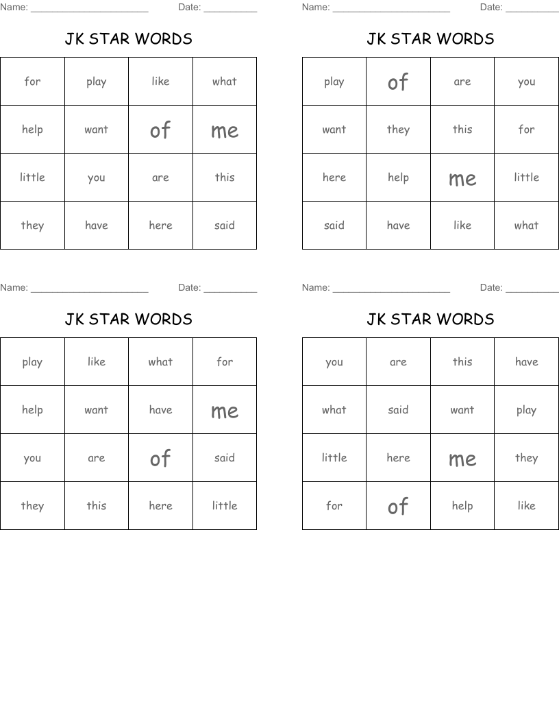 JK STAR WORDS Bingo Cards