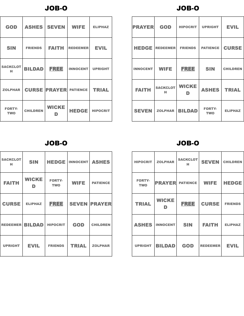 JOB-O Bingo Cards
