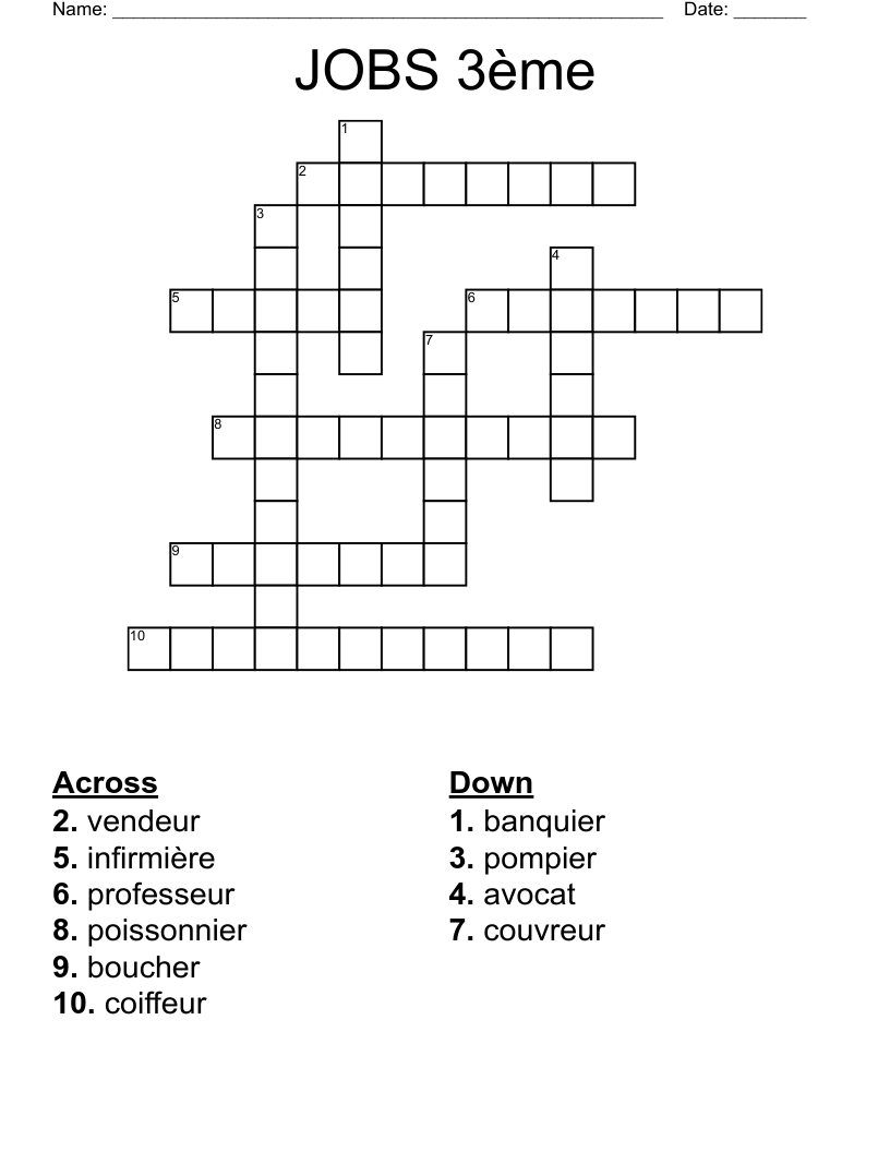 JOBS 3ème Crossword