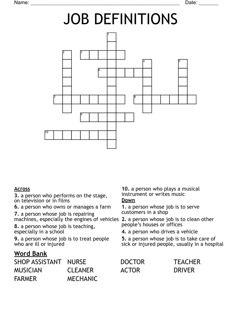 JOB DEFINITIONS Crossword