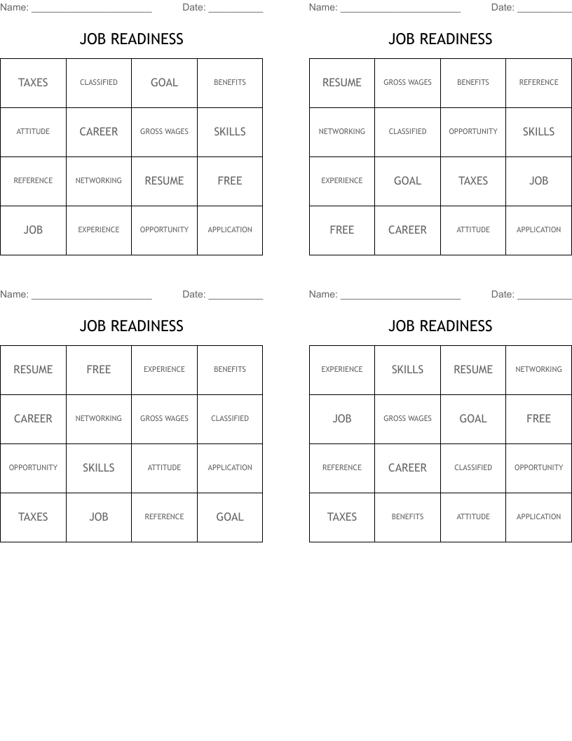 JOB READINESS Bingo Cards