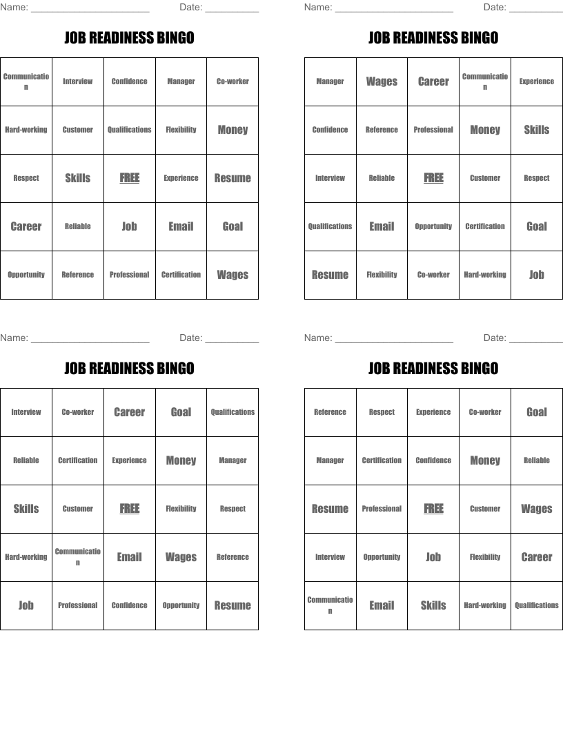 JOB READINESS BINGO