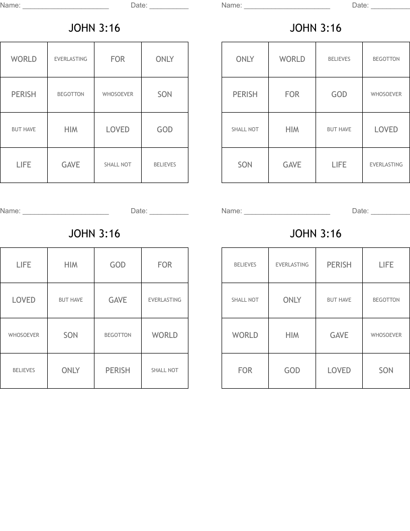 JOHN 3:16 Bingo Cards