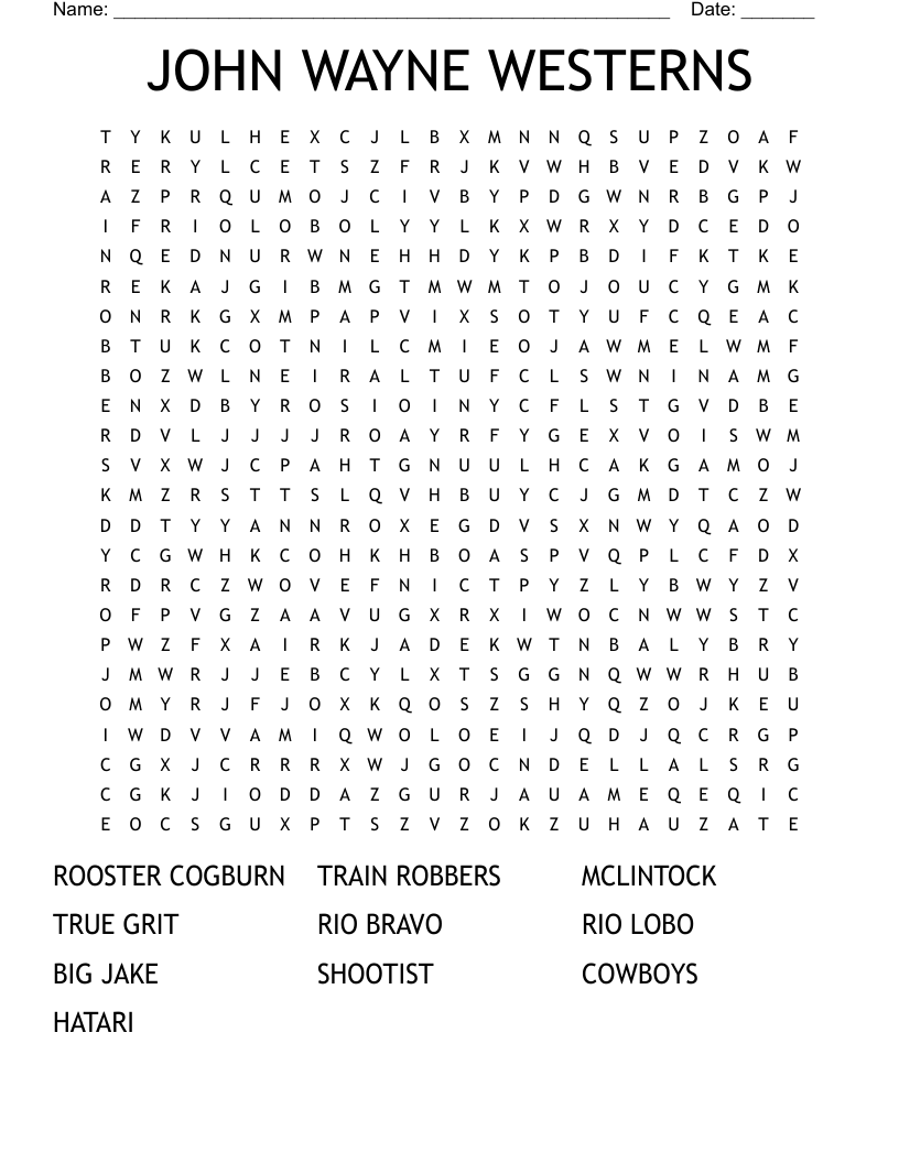 JOHN WAYNE WESTERNS Word Search
