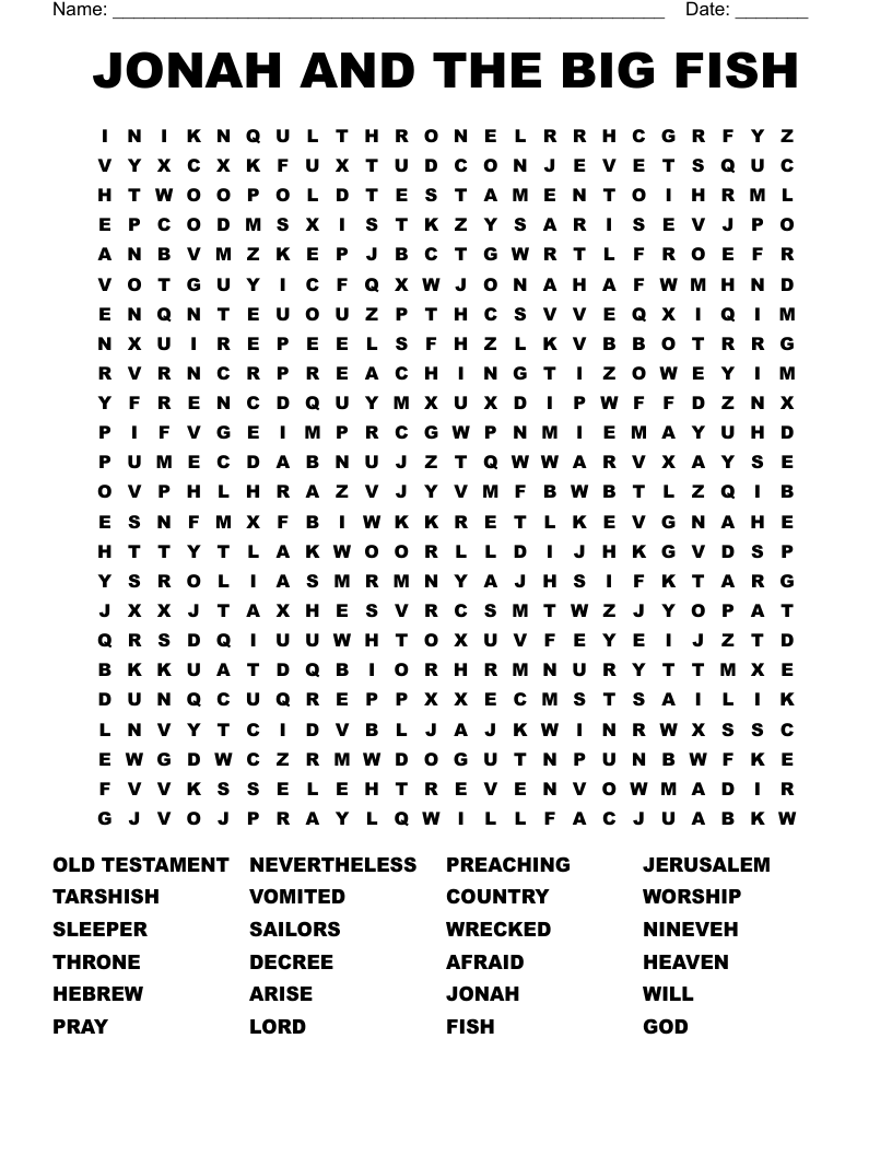 JONAH AND THE BIG FISH Word Search