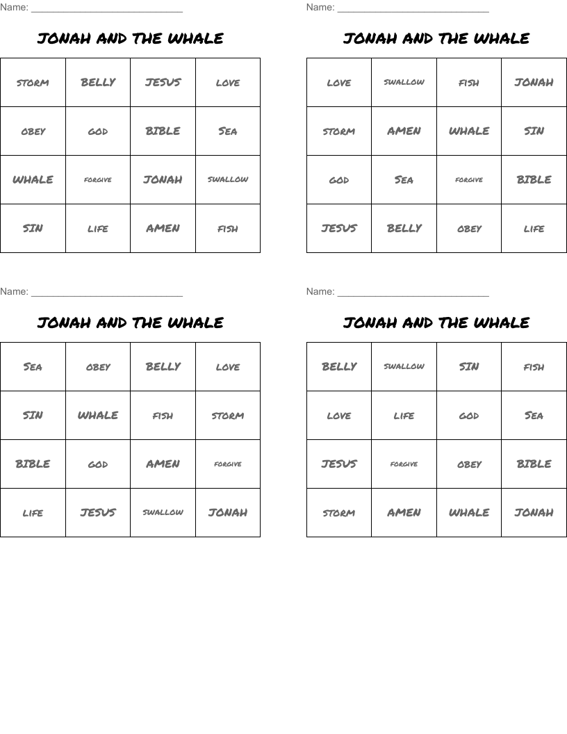 JONAH AND THE WHALE Bingo Cards