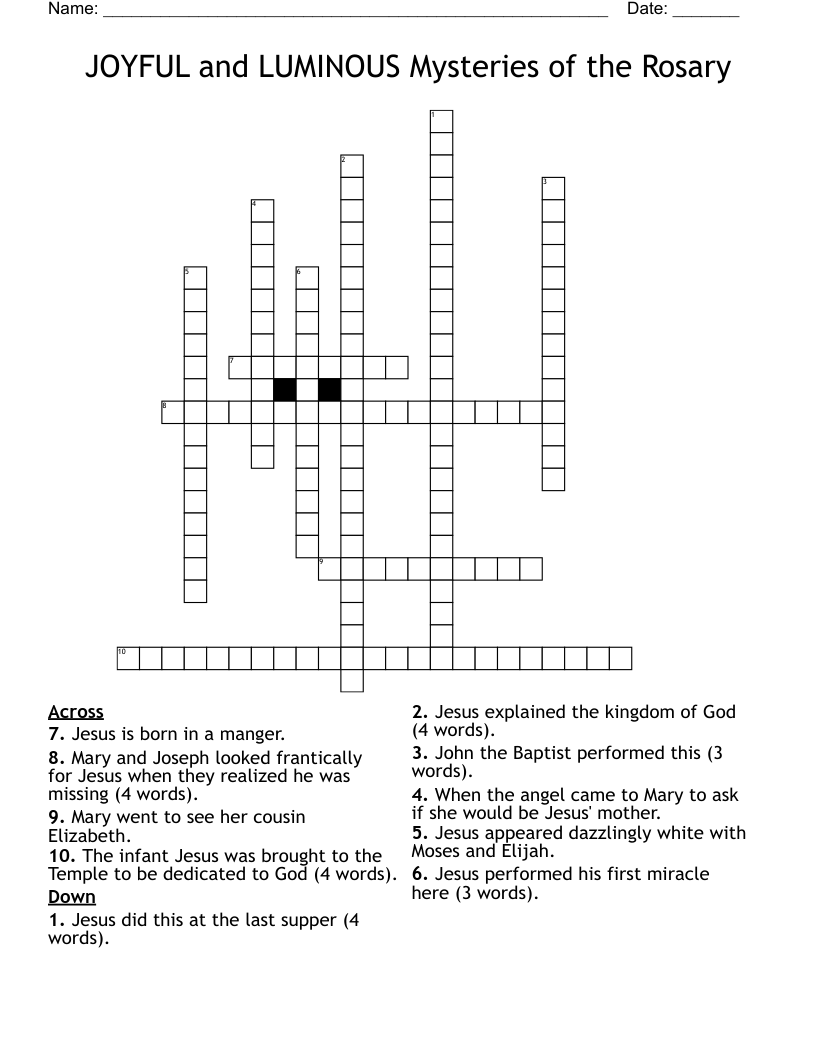 JOYFUL and LUMINOUS Mysteries of the Rosary Crossword