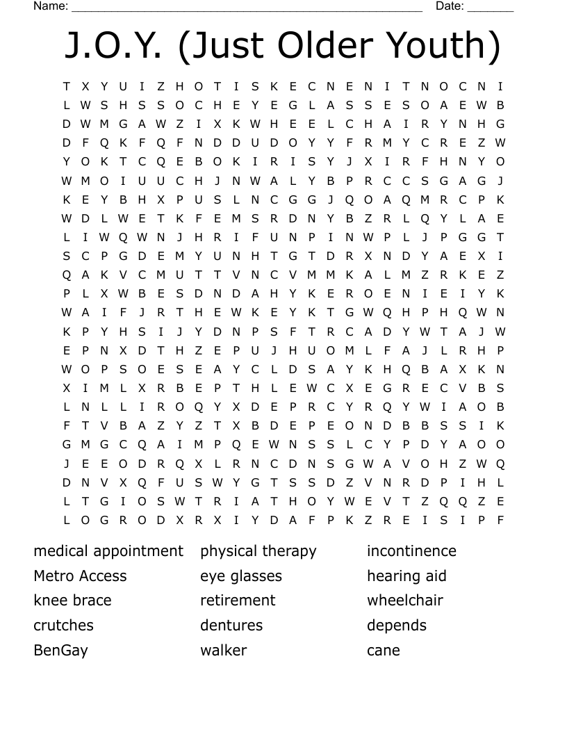 J.O.Y.  (Just Older Youth) Word Search