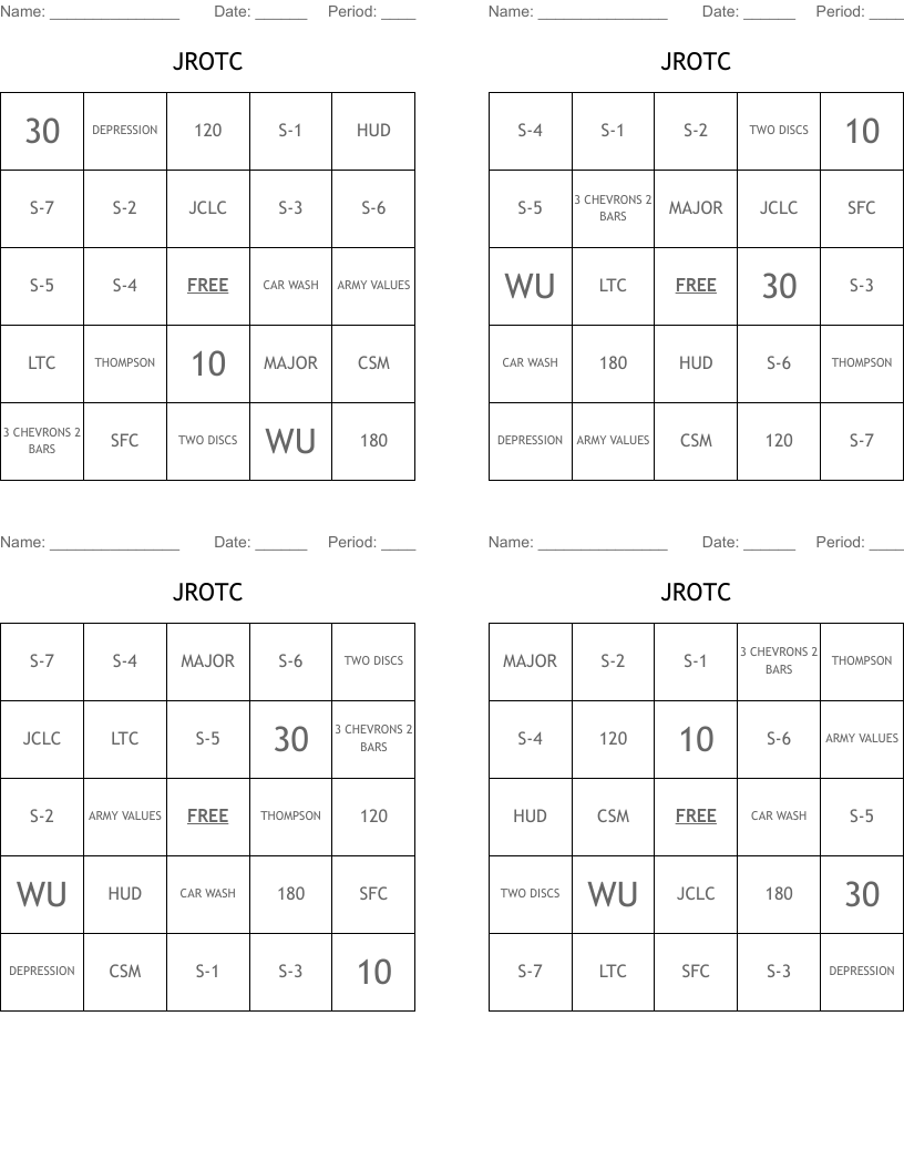 JROTC Bingo Cards