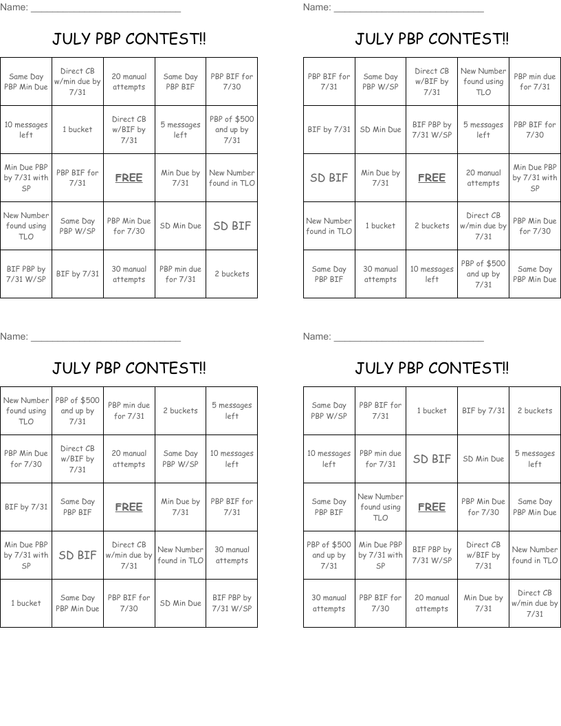 JULY PBP CONTEST!! Bingo Cards