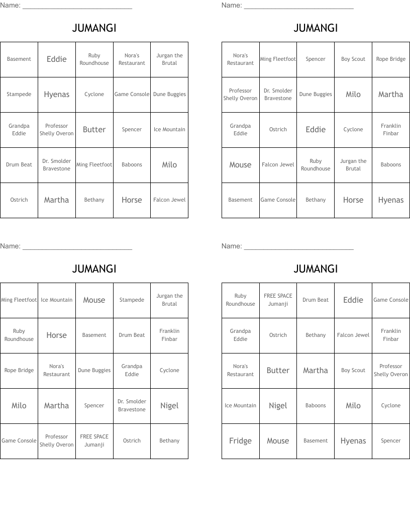 JUMANGI Bingo Cards
