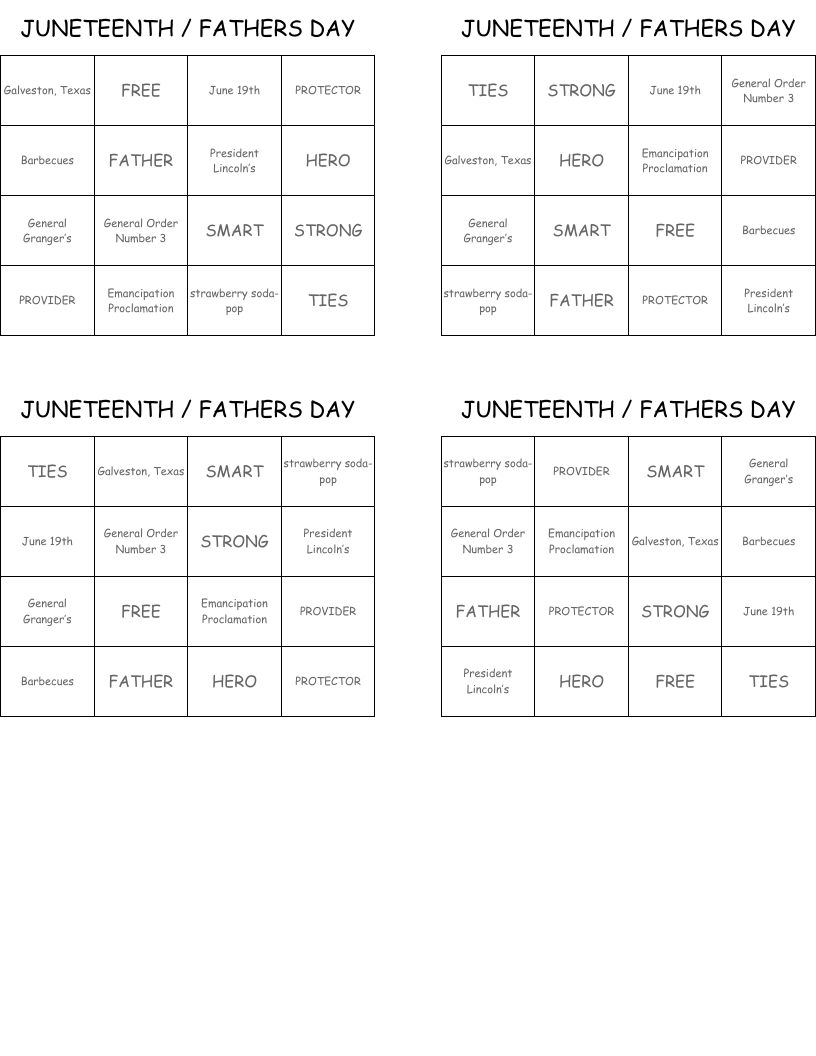 JUNETEENTH / FATHERS DAY Bingo Cards
