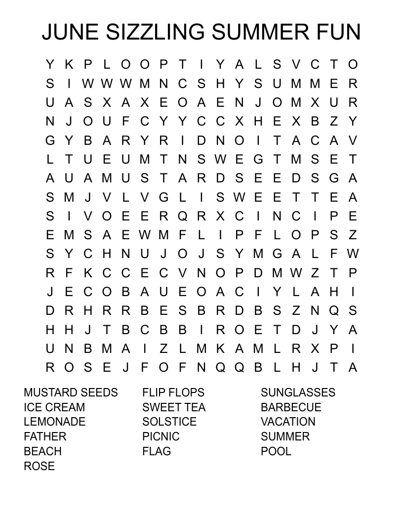 JUNE SIZZLING SUMMER FUN Word Search