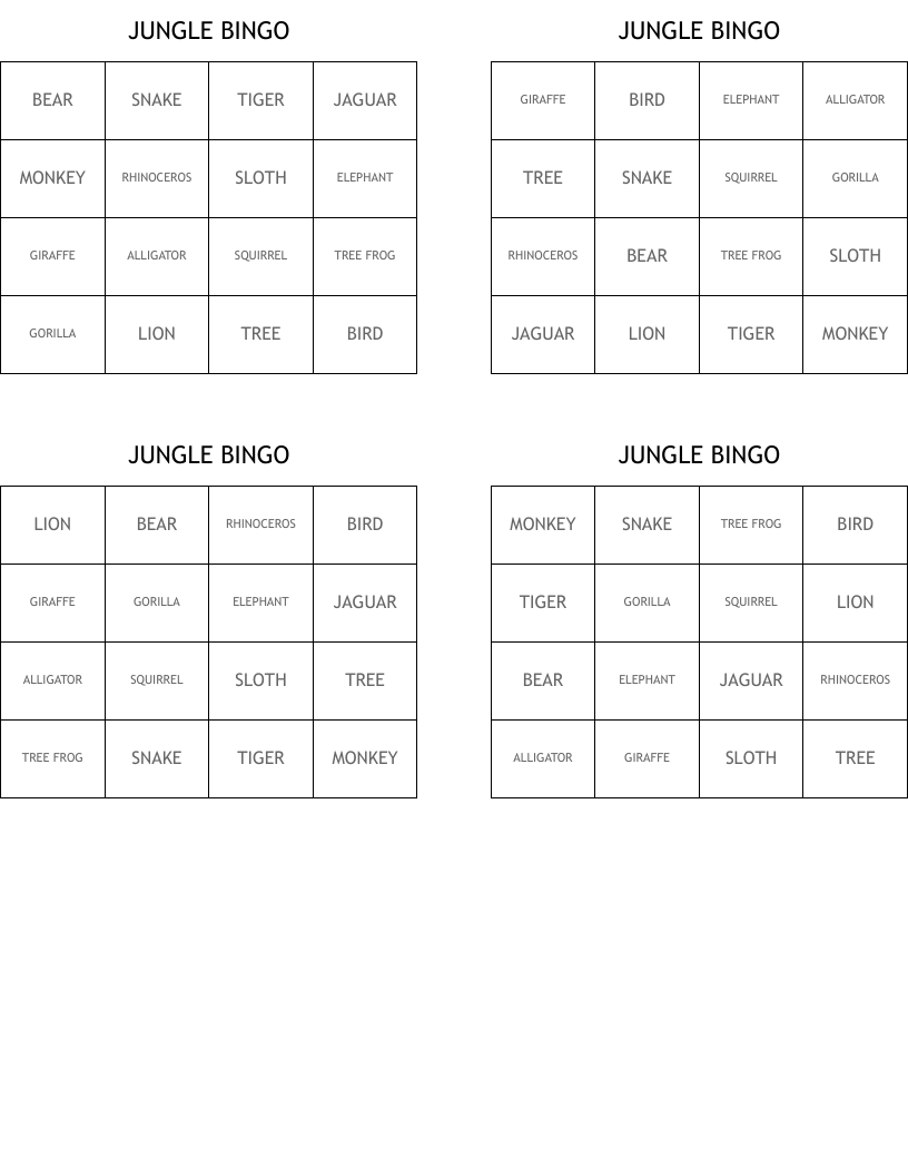 JUNGLE BINGO