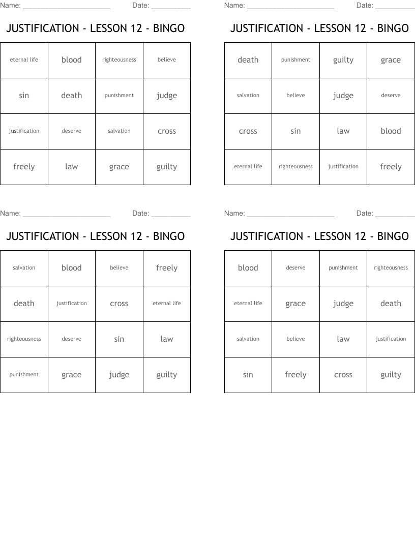 JUSTIFICATION - LESSON 12 - BINGO